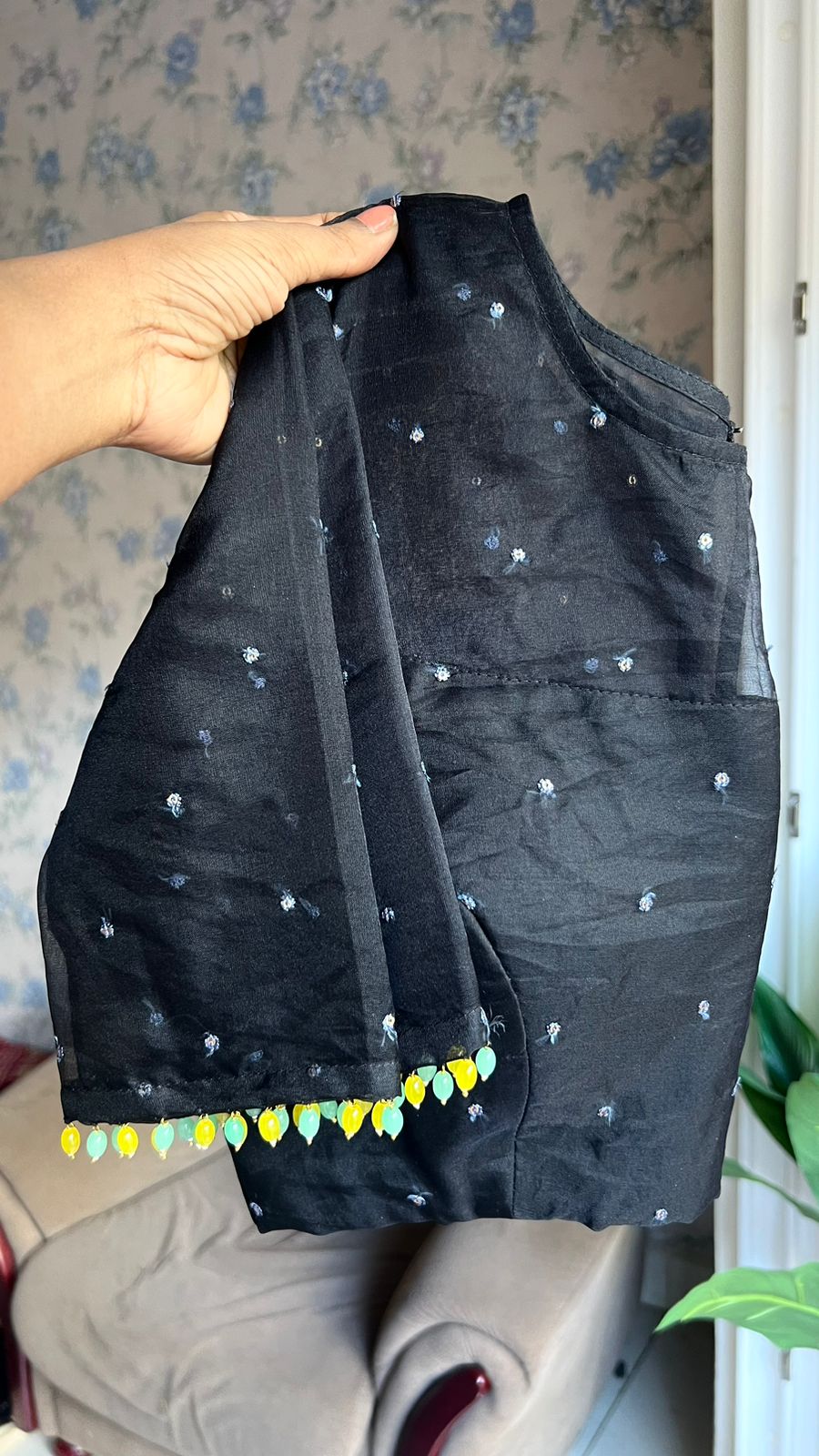 Black floral organza saree with organza blouse