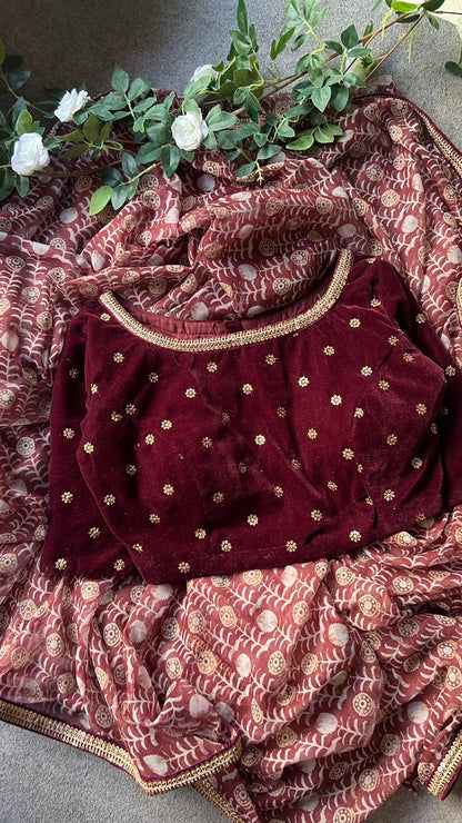 Maroon georgette saree with velvet hand work blouse