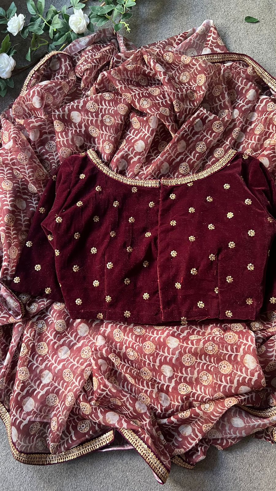 Maroon georgette saree with velvet hand work blouse