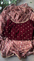 Maroon georgette saree with velvet hand work blouse