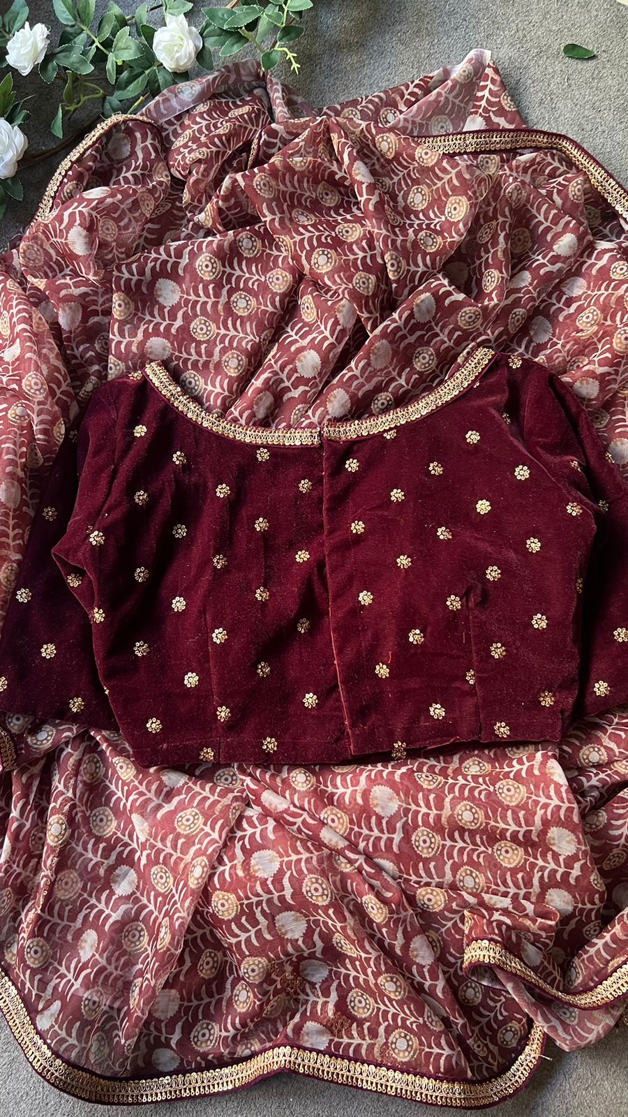 Maroon georgette saree with velvet hand work blouse