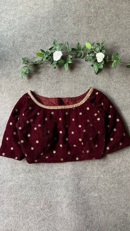 Maroon velvet embroidery blouse