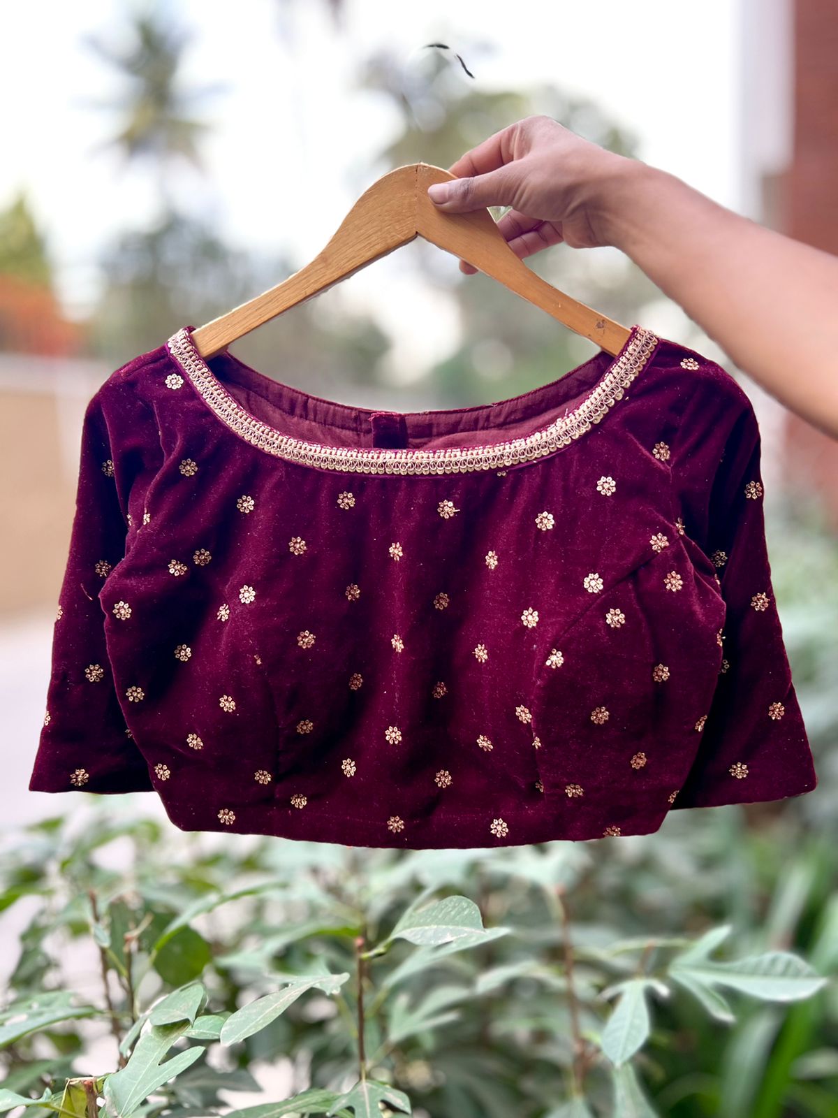 Maroon velvet embroidery blouse