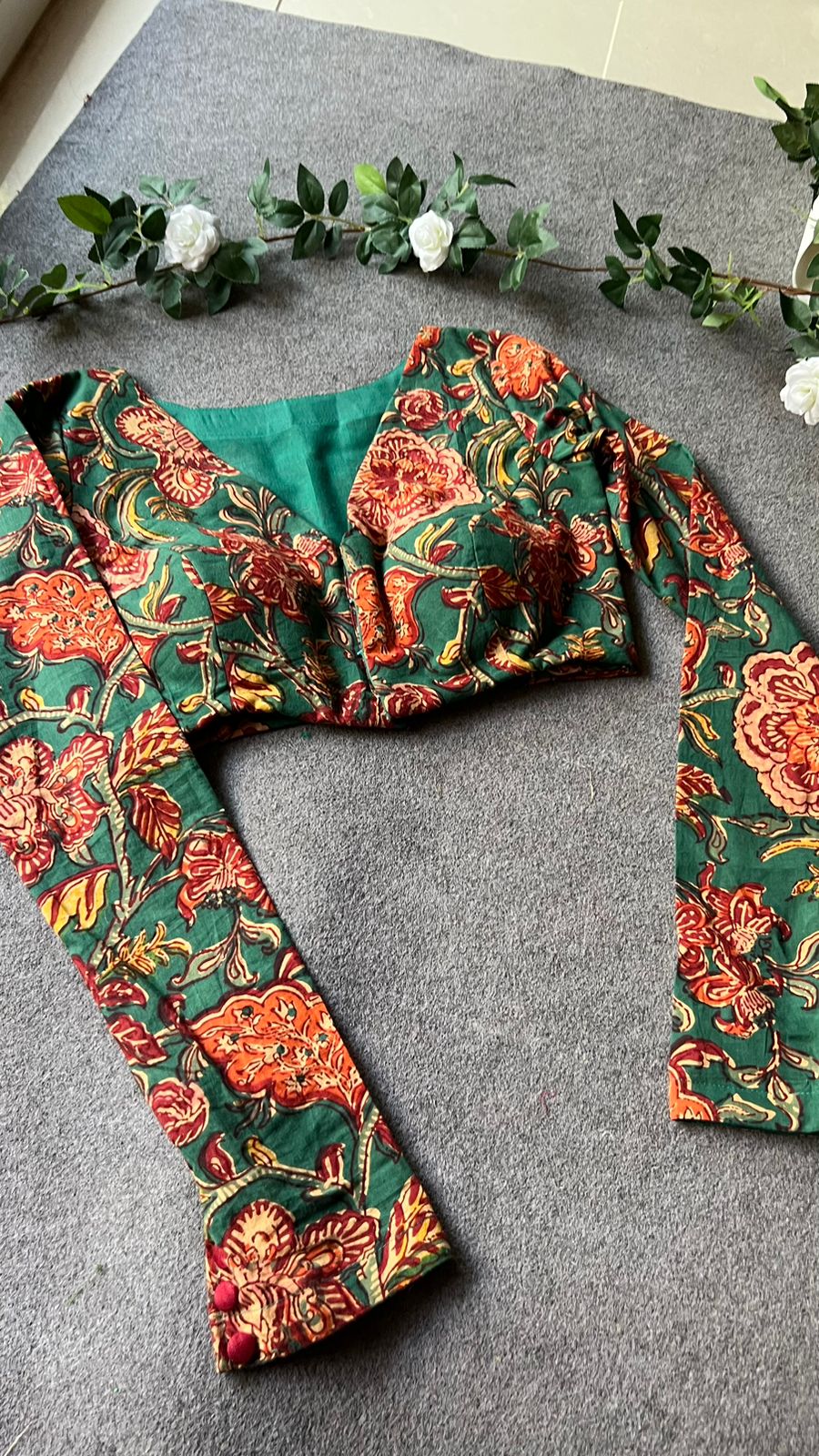 Green cotton floral printed blouse (Only Blouse)