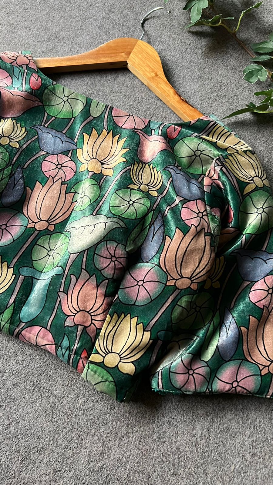 Green velvet printed blouse