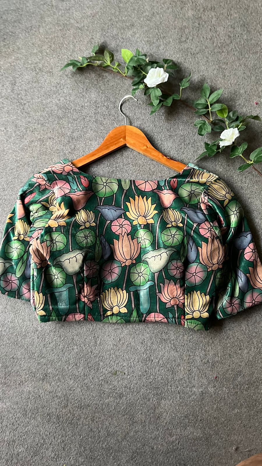 Green velvet printed blouse