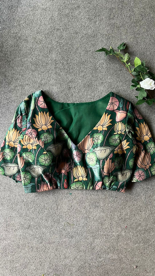 Green velvet printed blouse