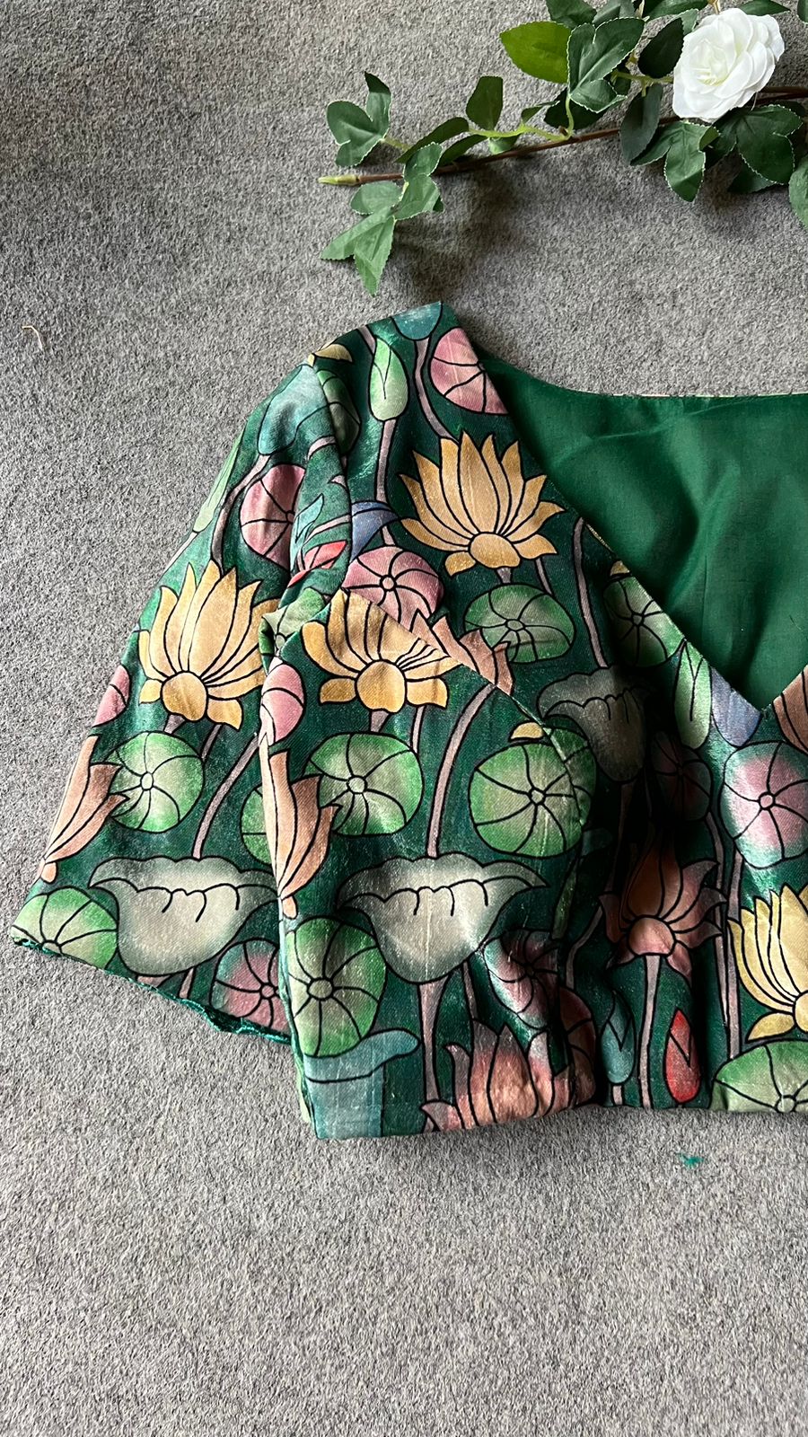 Green velvet printed blouse