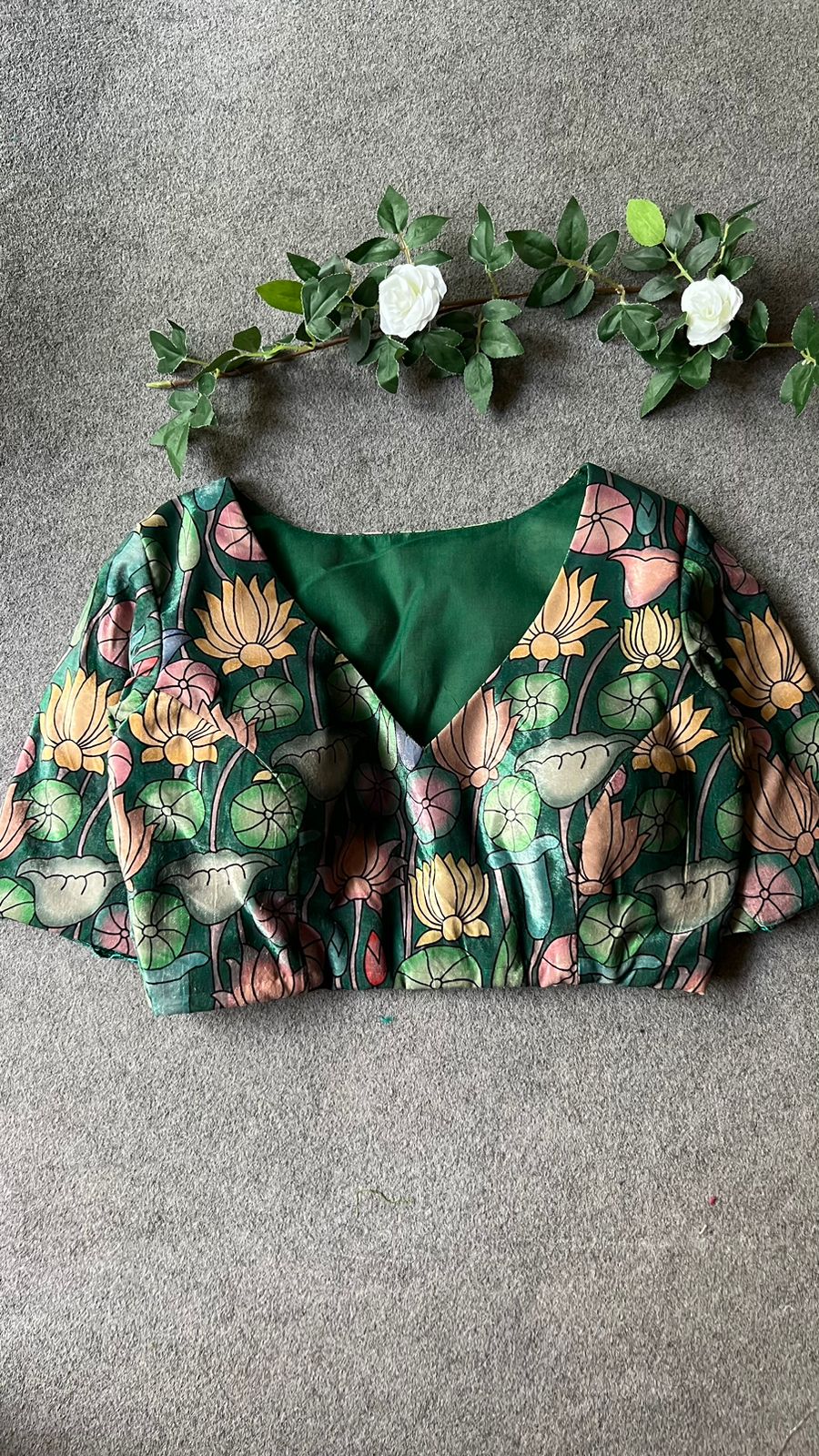Green velvet printed blouse