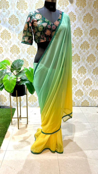 Multicolur georgette saree with velvet blouse