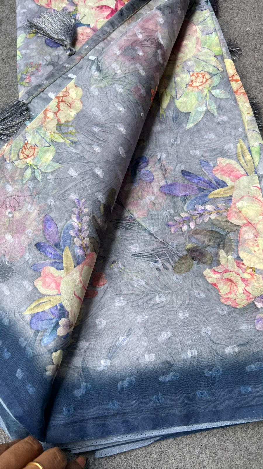 Grey & blue floral organza saree with handwork blouse
