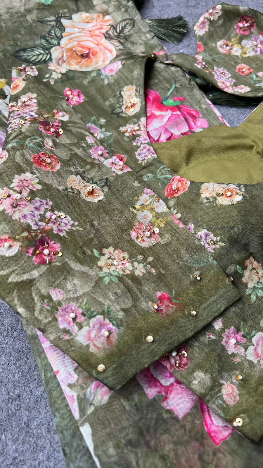 Green floral organza saree with handwork blouse