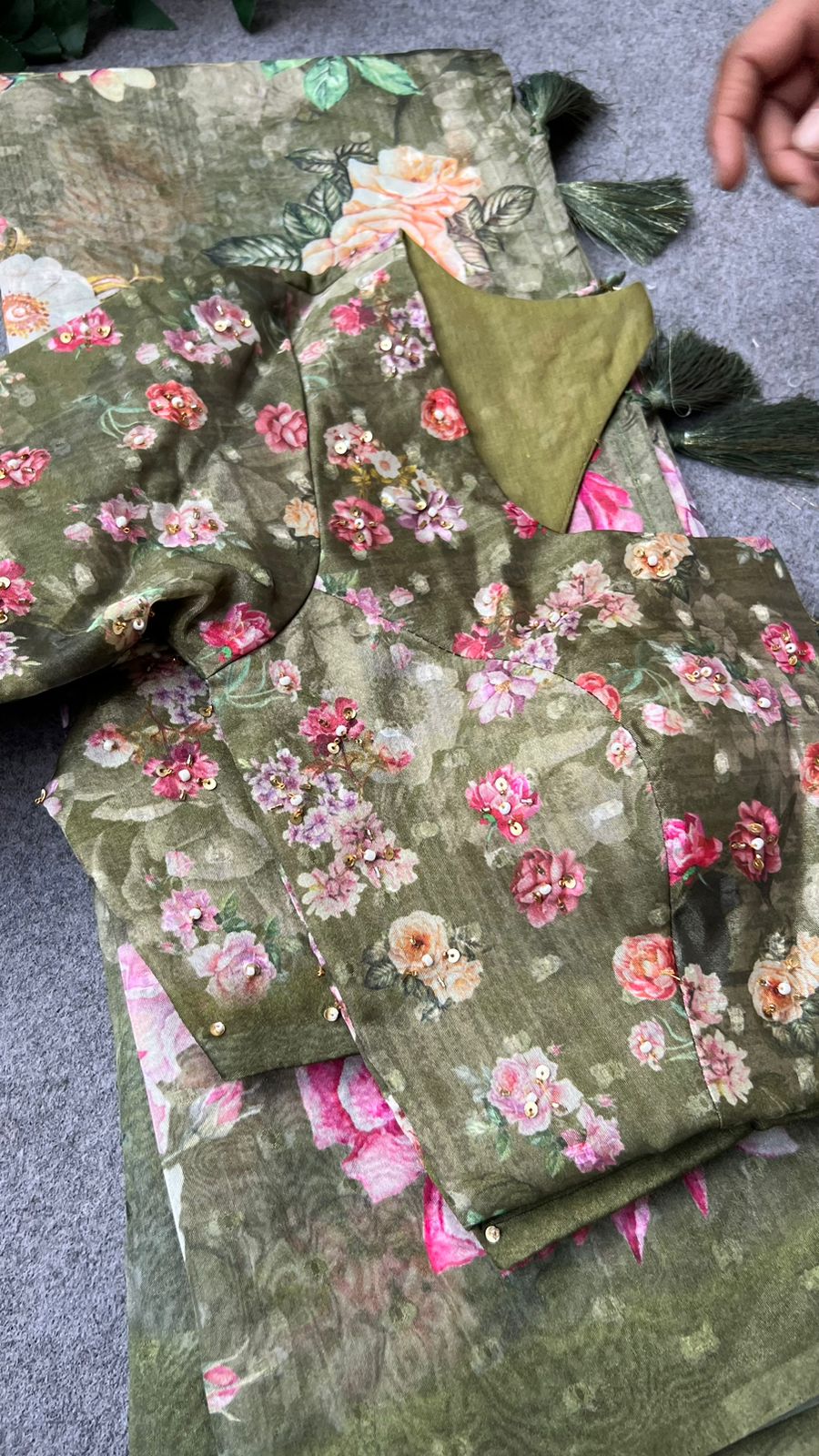 Green floral organza saree with handwork blouse
