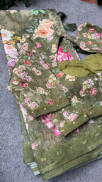 Green floral organza saree with handwork blouse