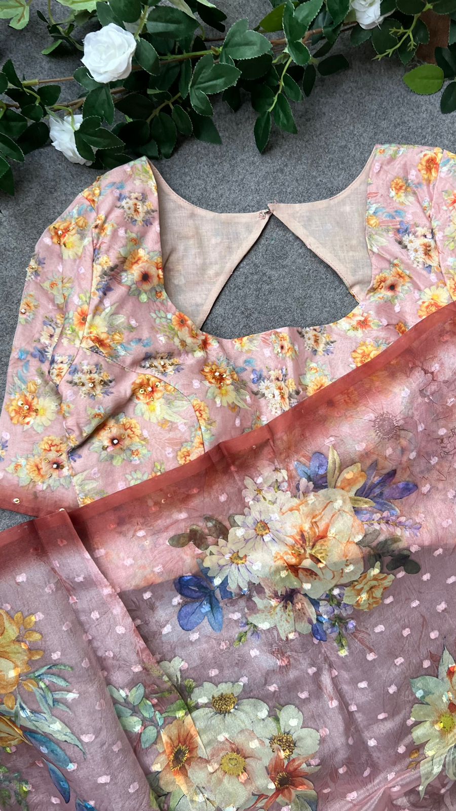 Peach floral organza saree with handwork blouse