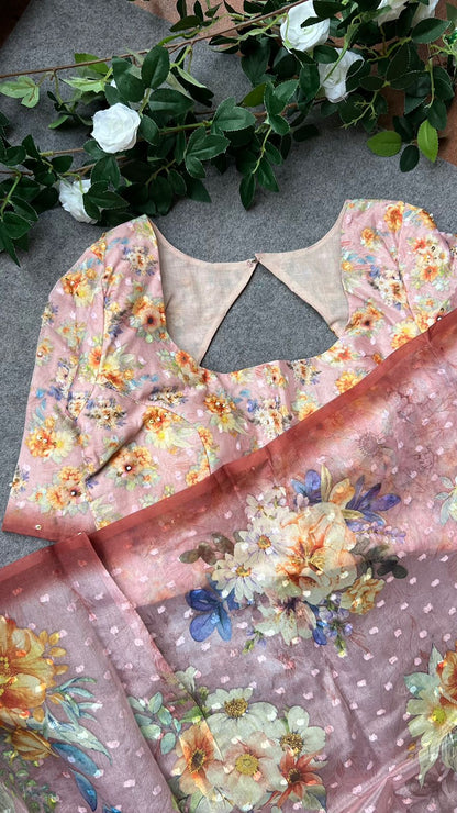 Peach floral organza saree with handwork blouse
