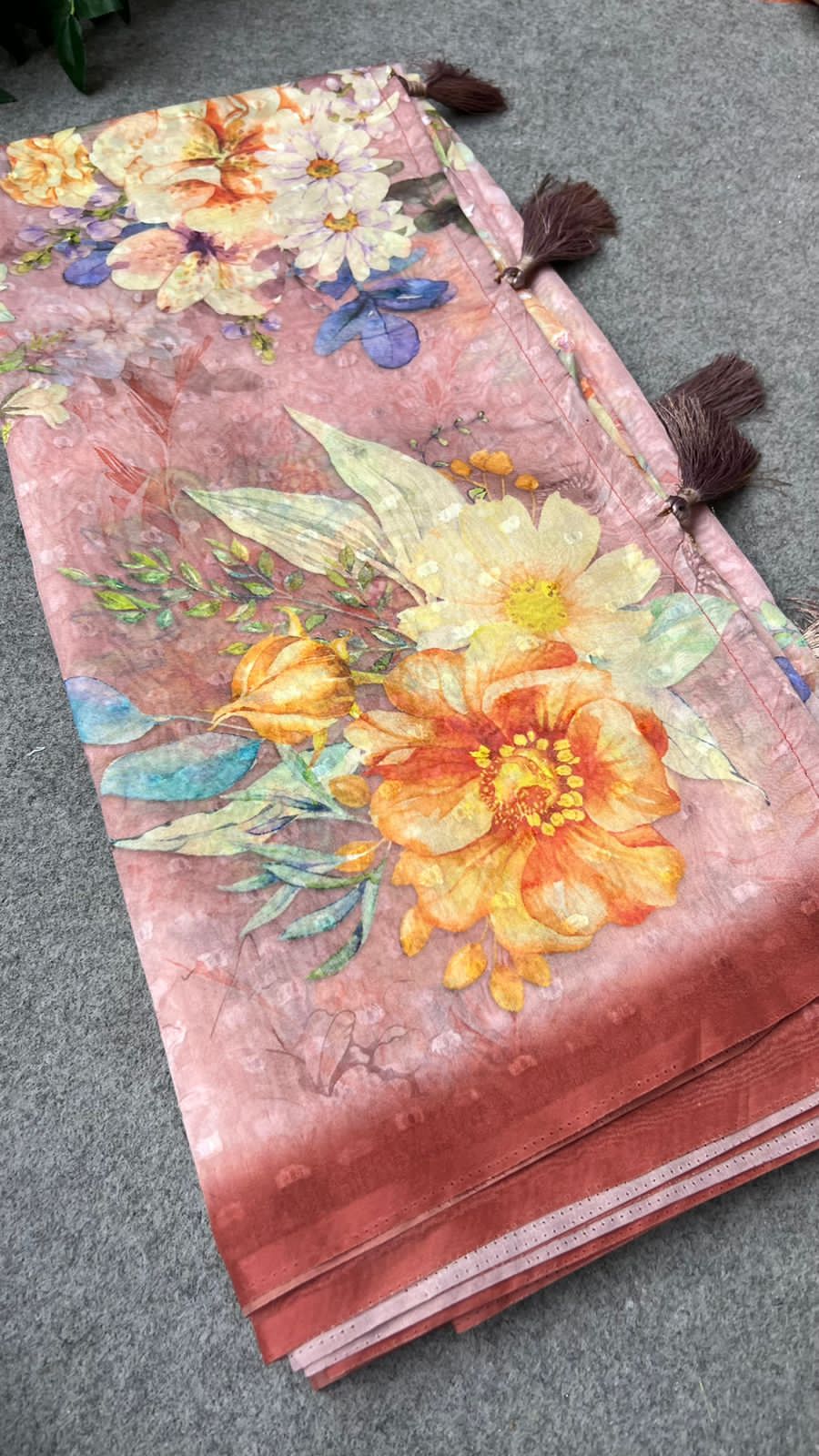 Peach floral organza saree with handwork blouse