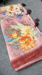 Peach floral organza saree with handwork blouse