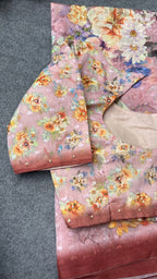 Peach floral organza saree with handwork blouse
