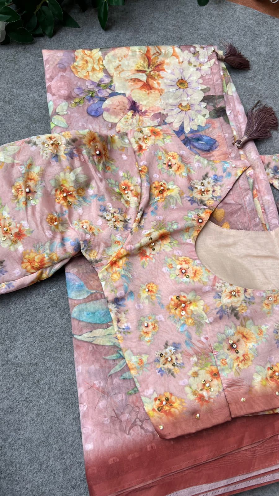 Peach floral organza saree with handwork blouse