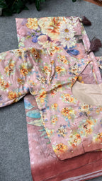 Peach floral organza saree with handwork blouse