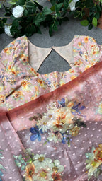 Peach floral organza saree with handwork blouse