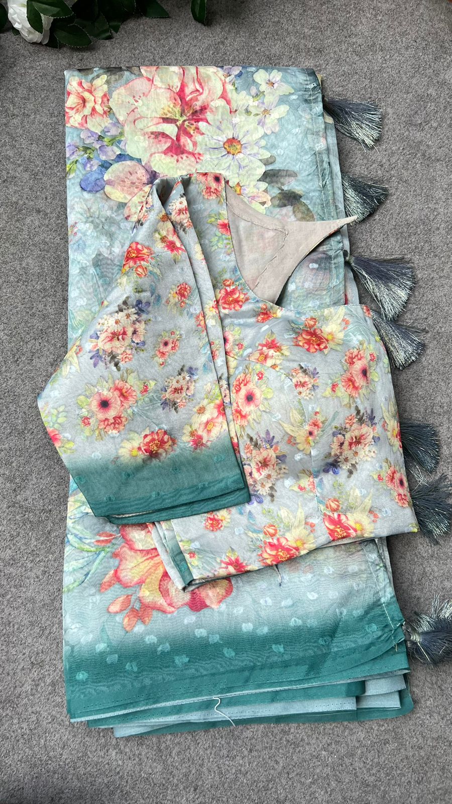 Blue floral organza saree with floral blouse