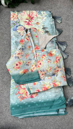 Blue floral organza saree with floral blouse