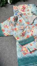 Blue floral organza saree with floral blouse