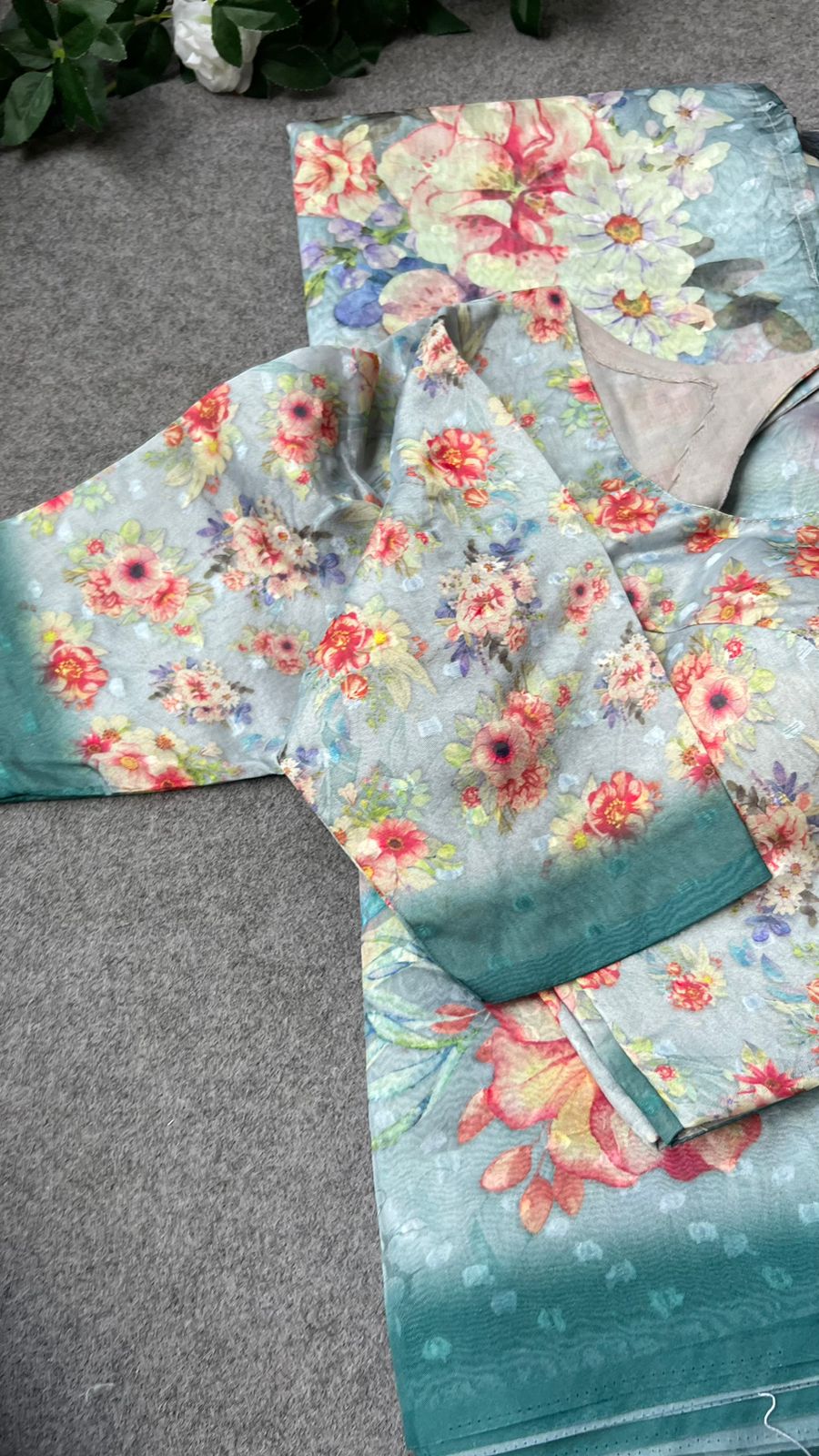 Blue floral organza saree with floral blouse