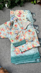 Blue floral organza saree with floral blouse