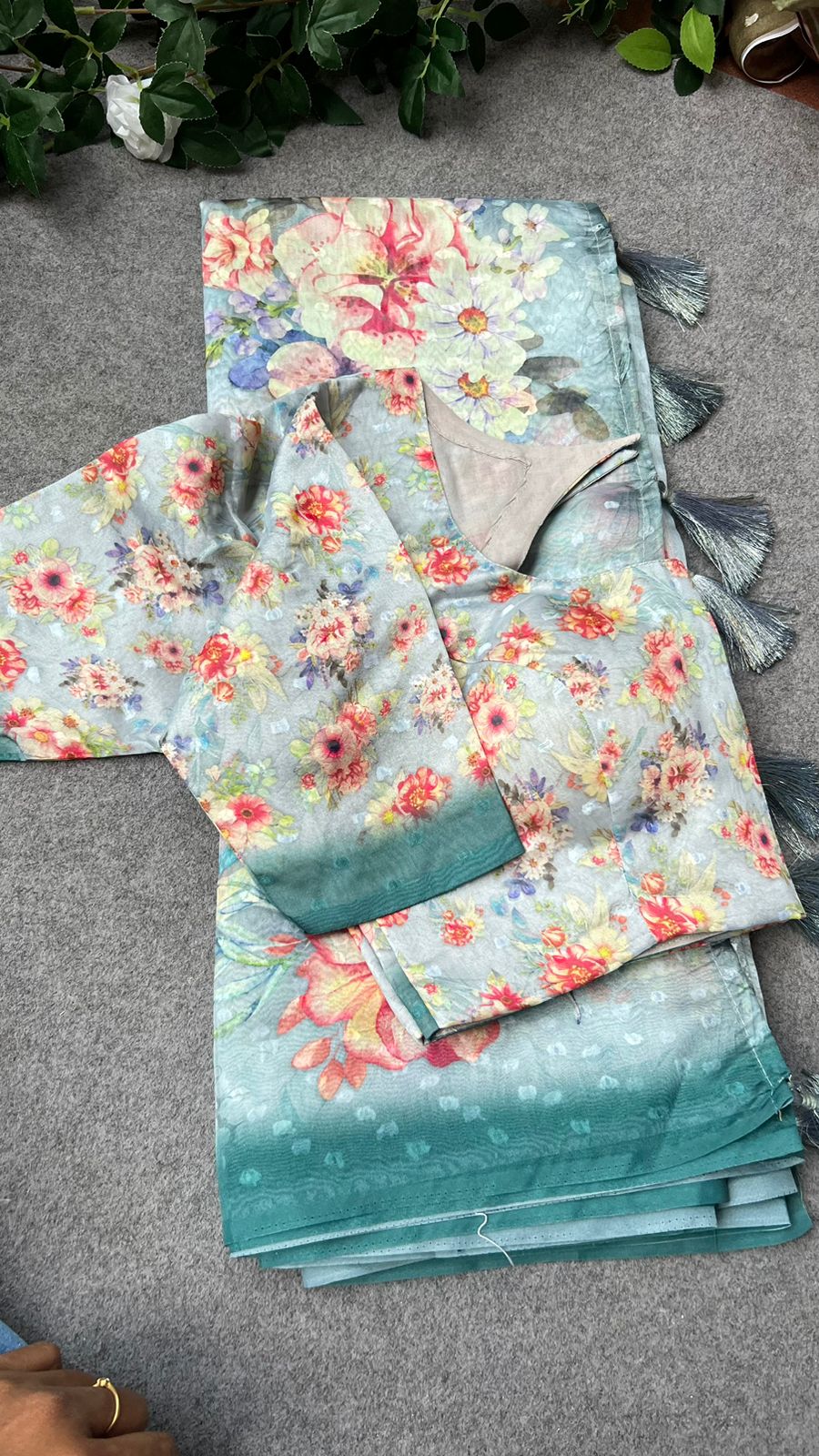 Blue floral organza saree with floral blouse