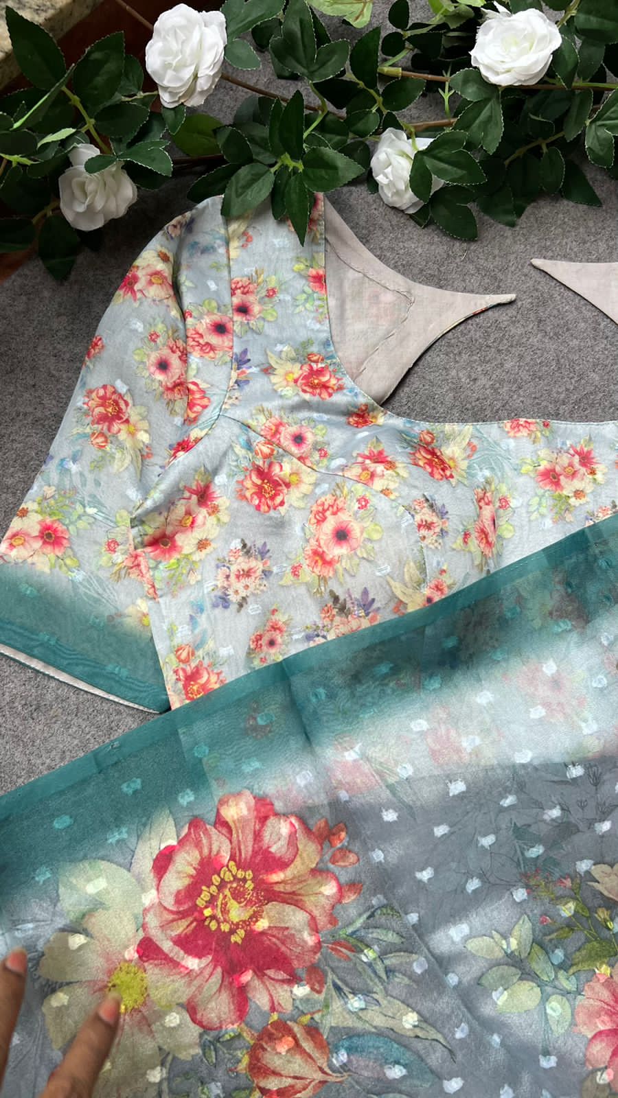 Blue floral organza saree with floral blouse