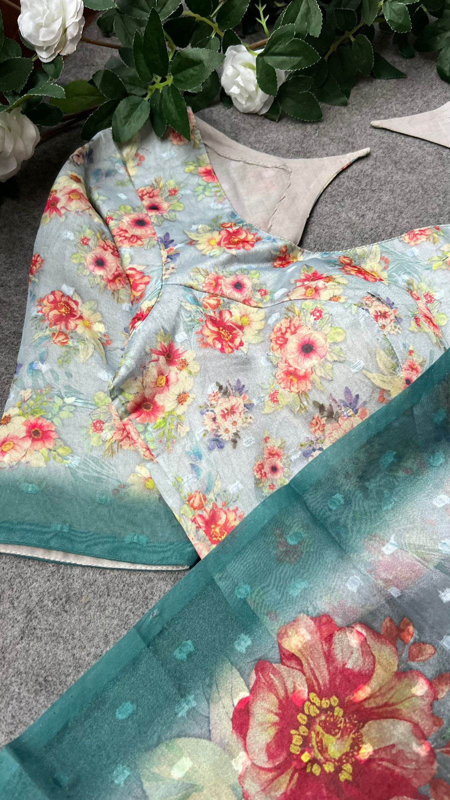 Blue floral organza saree with floral blouse
