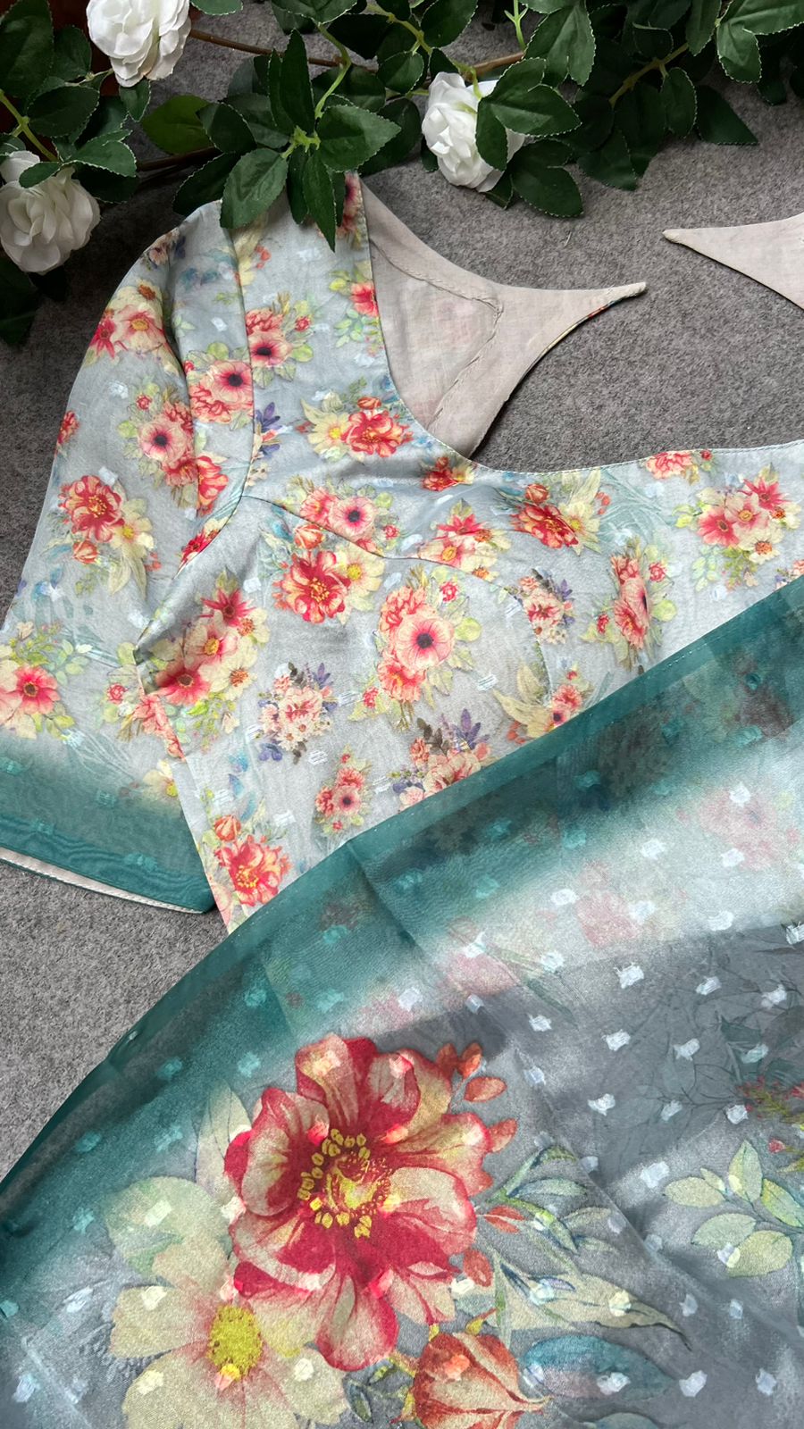 Blue floral organza saree with floral blouse