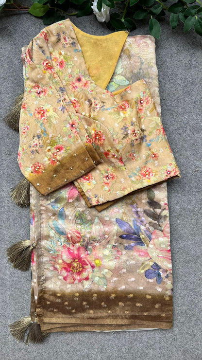 Cream & brown floral organza saree with handwork blouse