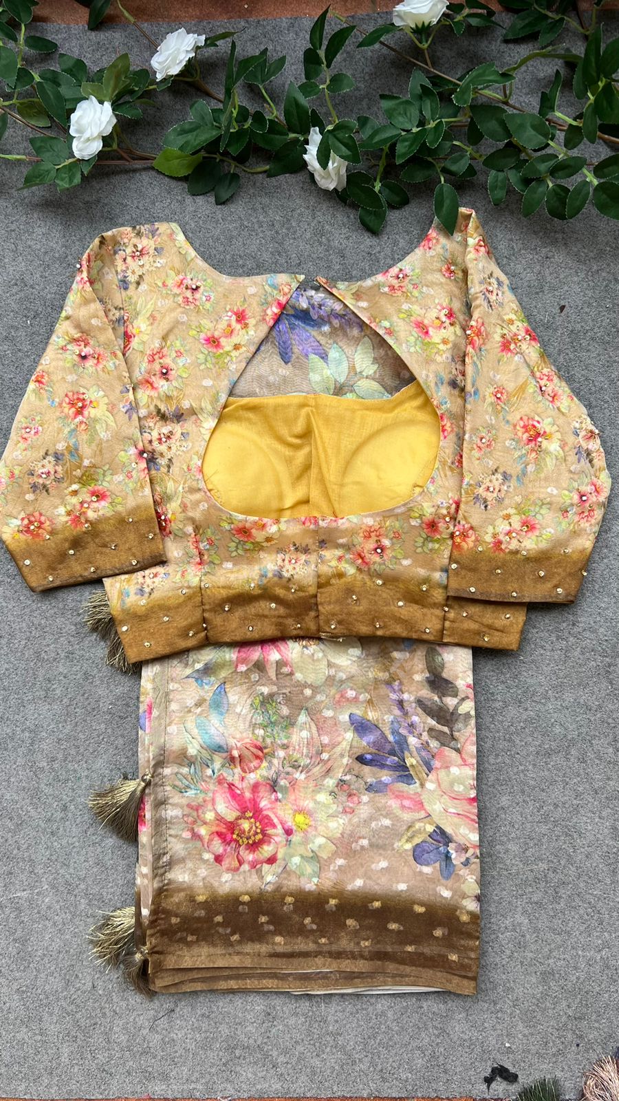 Cream & brown floral organza saree with handwork blouse