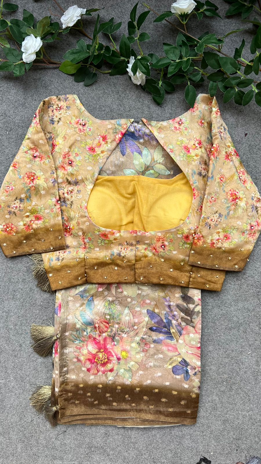 Cream & brown floral organza saree with handwork blouse
