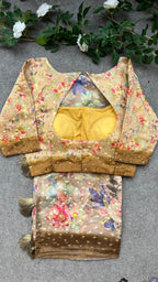 Cream & brown floral organza saree with handwork blouse