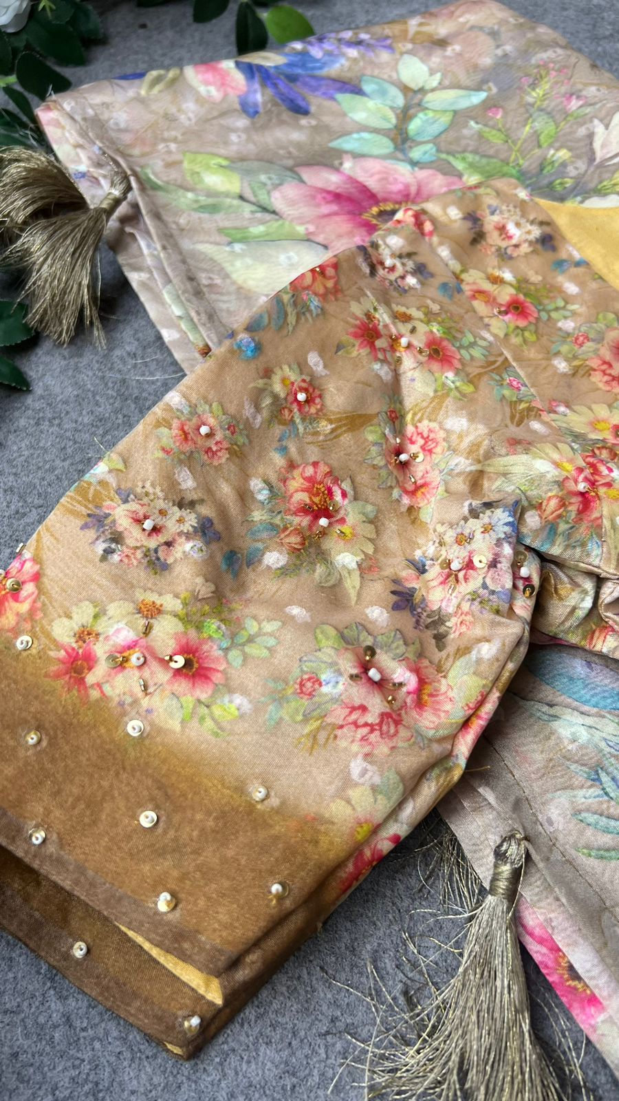Cream & brown floral organza saree with handwork blouse