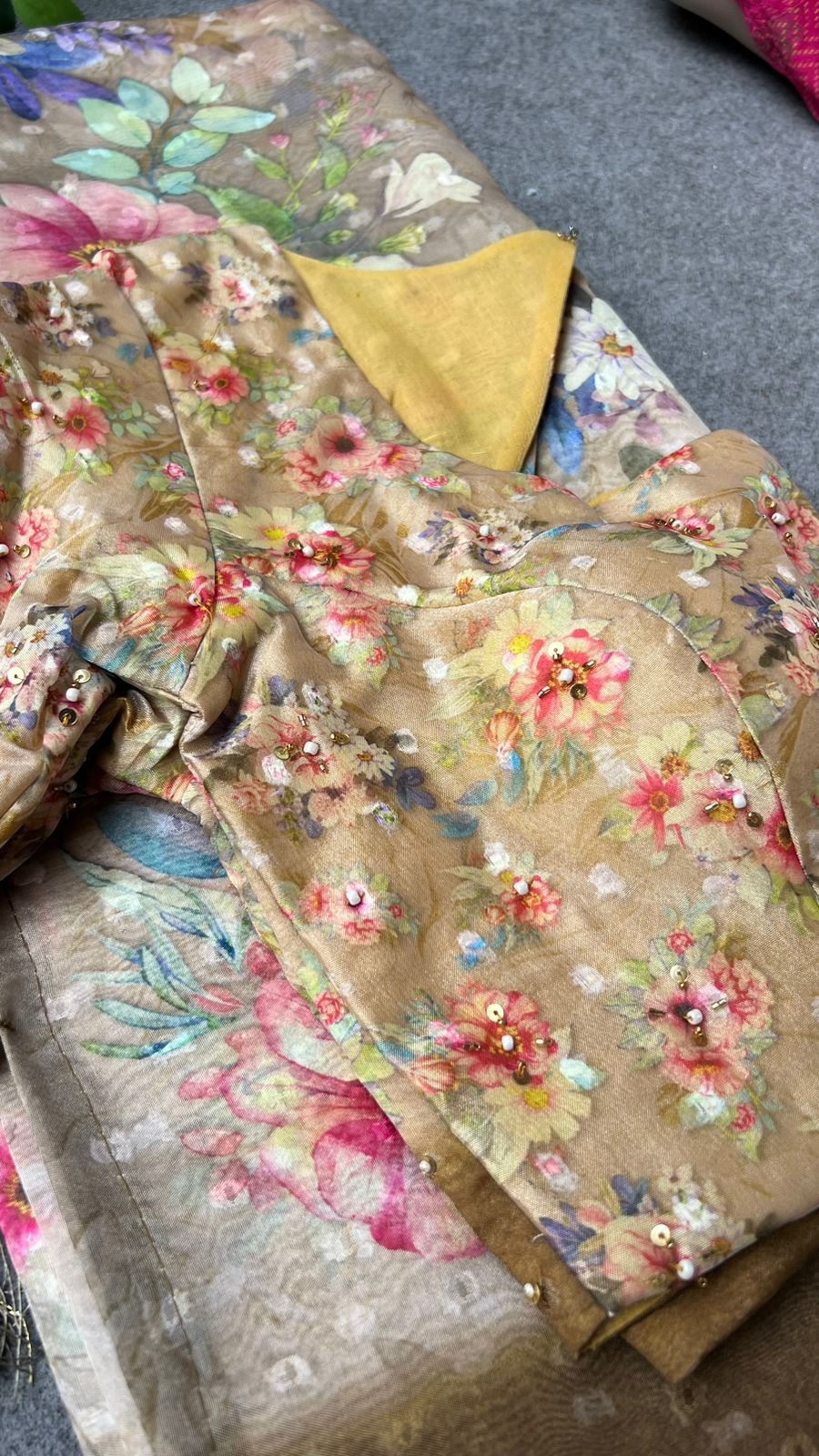 Cream & brown floral organza saree with handwork blouse