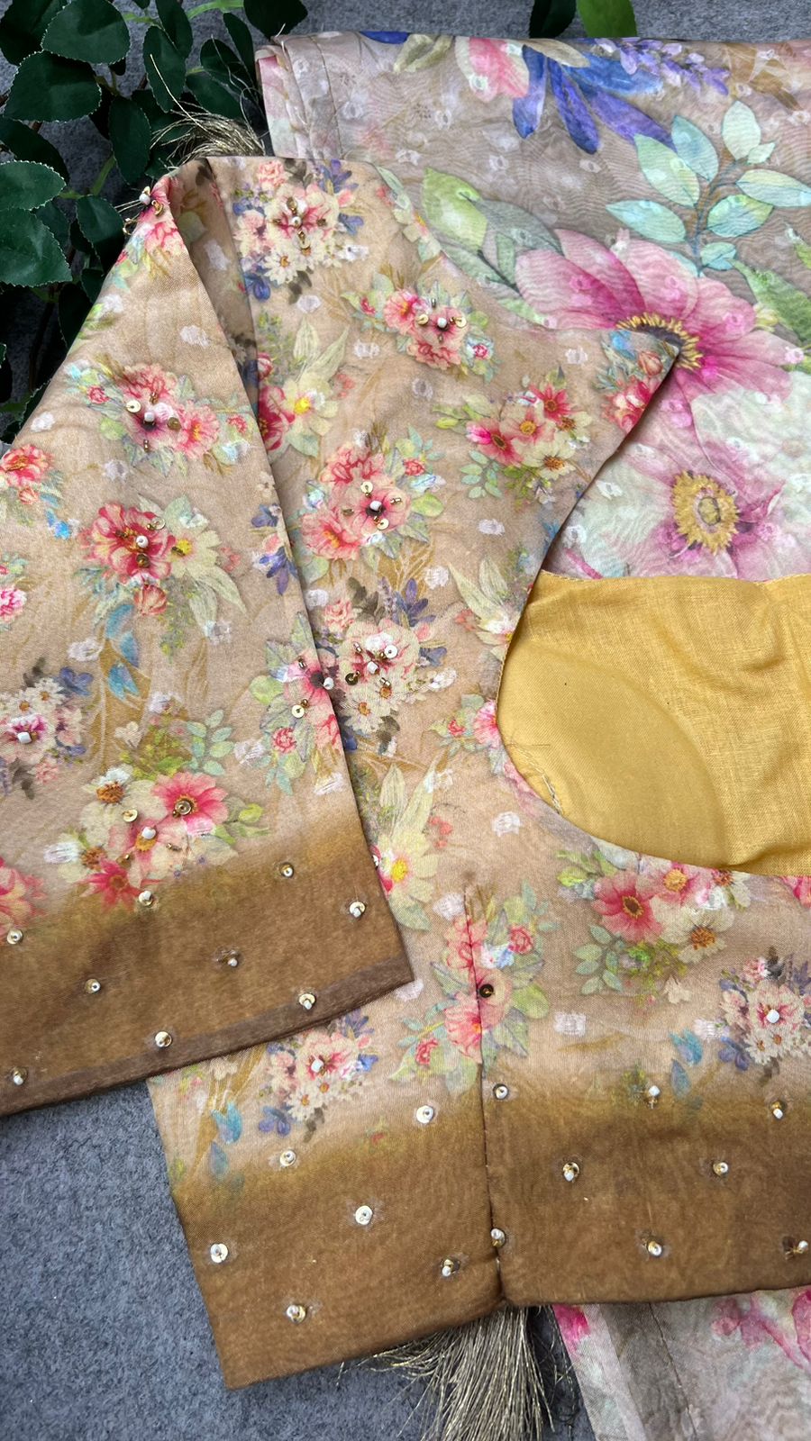 Cream & brown floral organza saree with handwork blouse