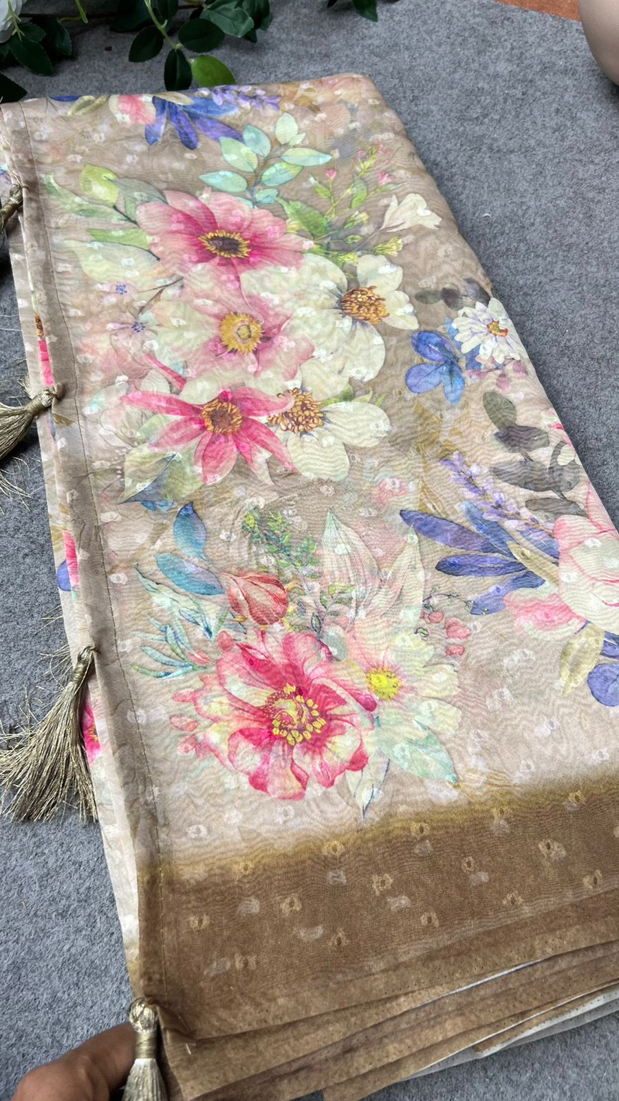 Cream & brown floral organza saree with handwork blouse