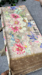 Cream & brown floral organza saree with handwork blouse
