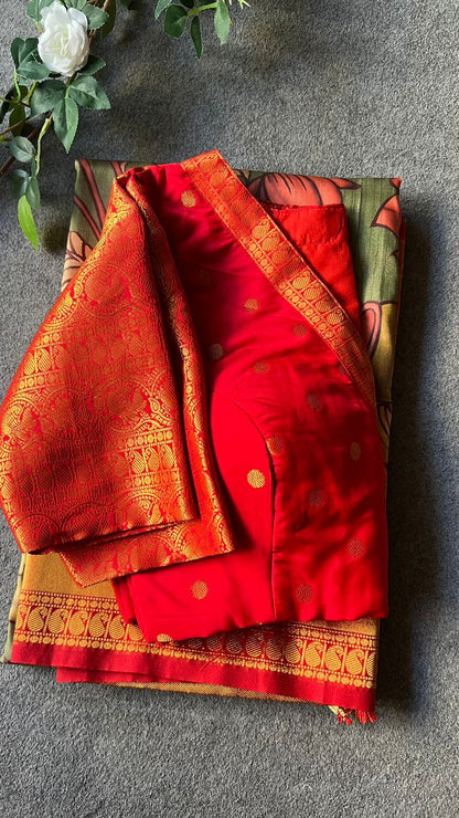 Green mulberry soft silk saree with zari worked blouse