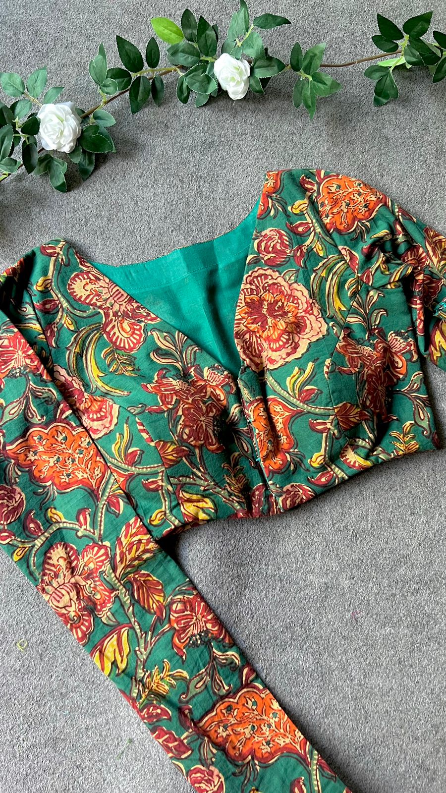 Maroon organza saree green floral cotton blouse