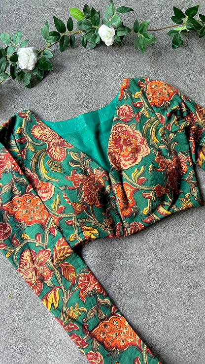 Maroon organza saree green floral cotton blouse