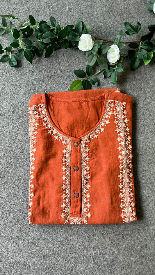Rust orange cotton embroidery kurti top