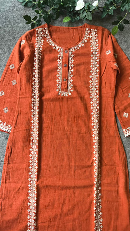 Rust orange cotton embroidery kurti top