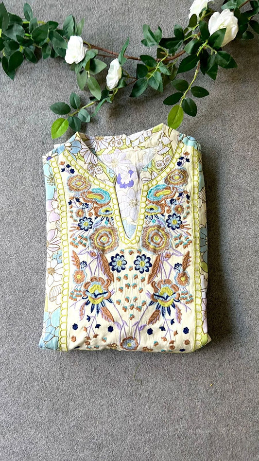 Cream floral cotton embroidery kurti top
